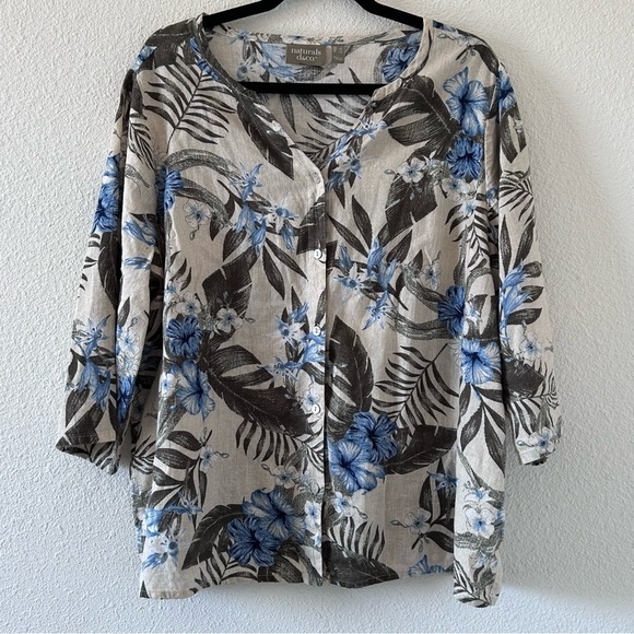 Naturals D&Co Women’s Linen Flax Blend Button Up Large Floral 3/4 Sleeves - Picture 1 of 10